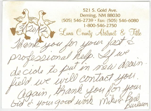 Handwritten thank you note on stationery with an illustration of three ducks at the top, includes contact information for Luna County Abstract & Title in Deming, NM.
