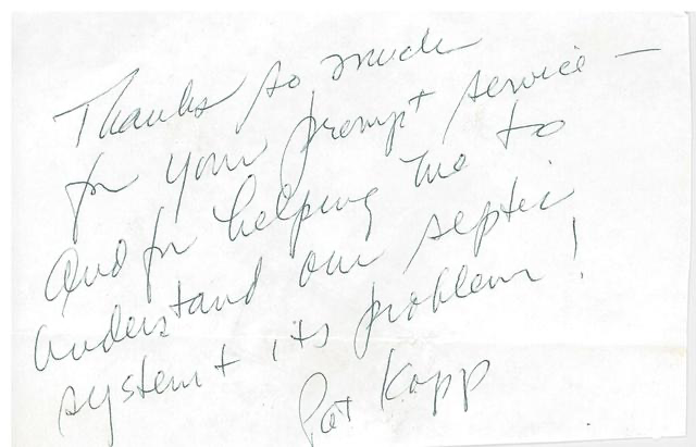 Handwritten thank-you note praising prompt service and support.