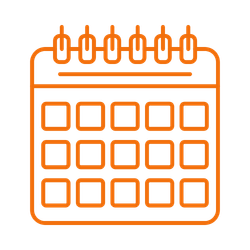 Neon-style icon of a calendar with a grid layout and rings on top.