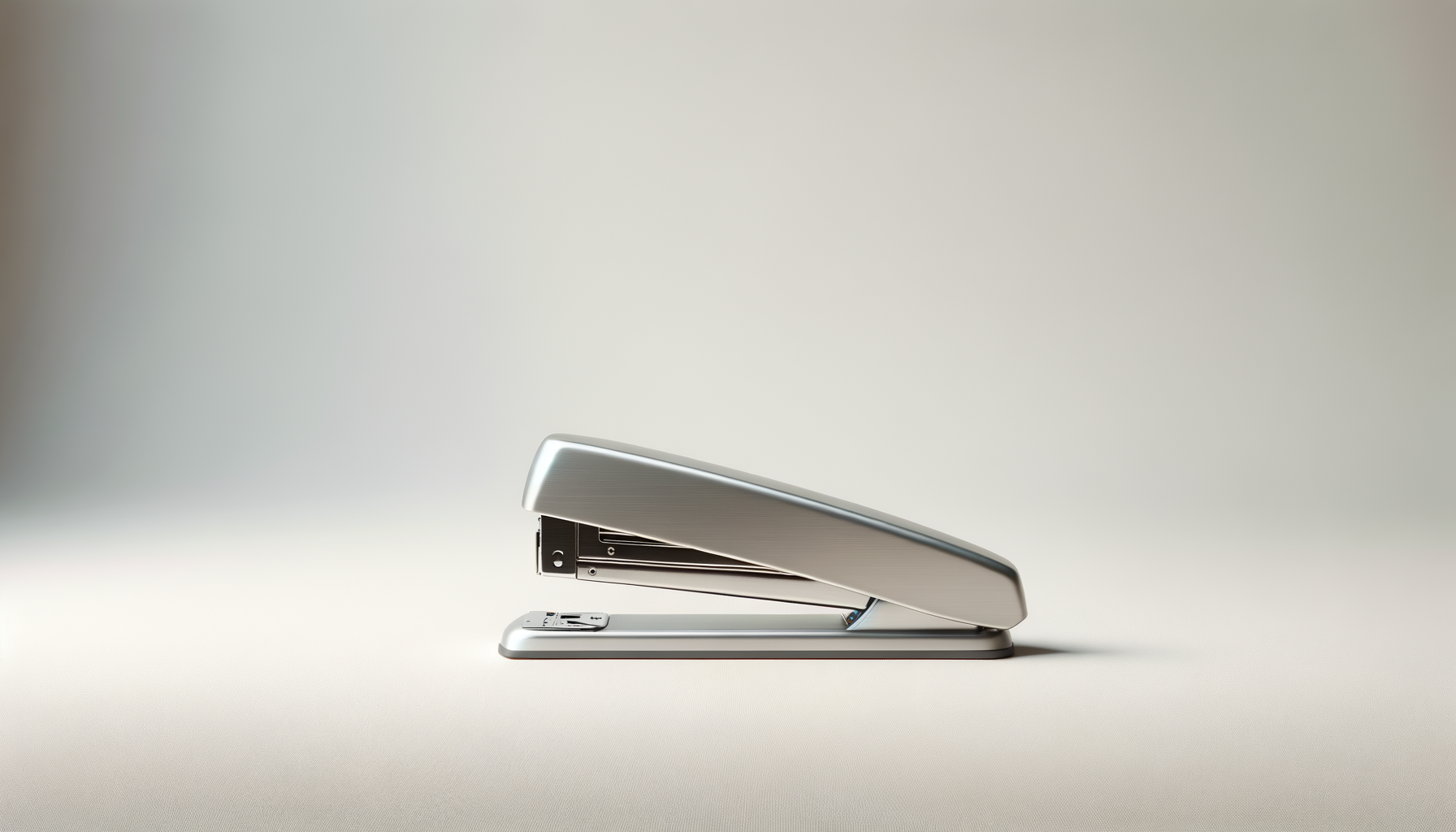 A silver stapler on a plain, light-colored surface against a plain light background.