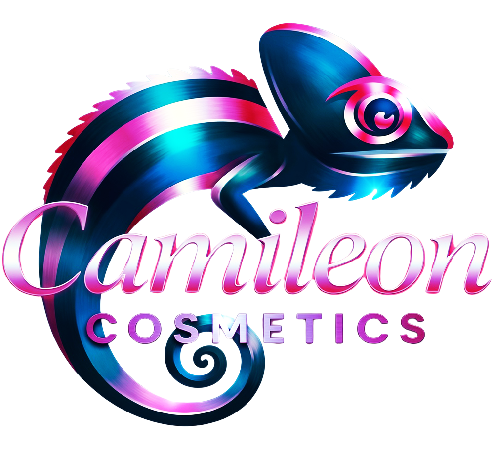 Colorful chameleon with pink, blue, and purple shades, with the words "Camileon Cosmetics" in pink and purple font.