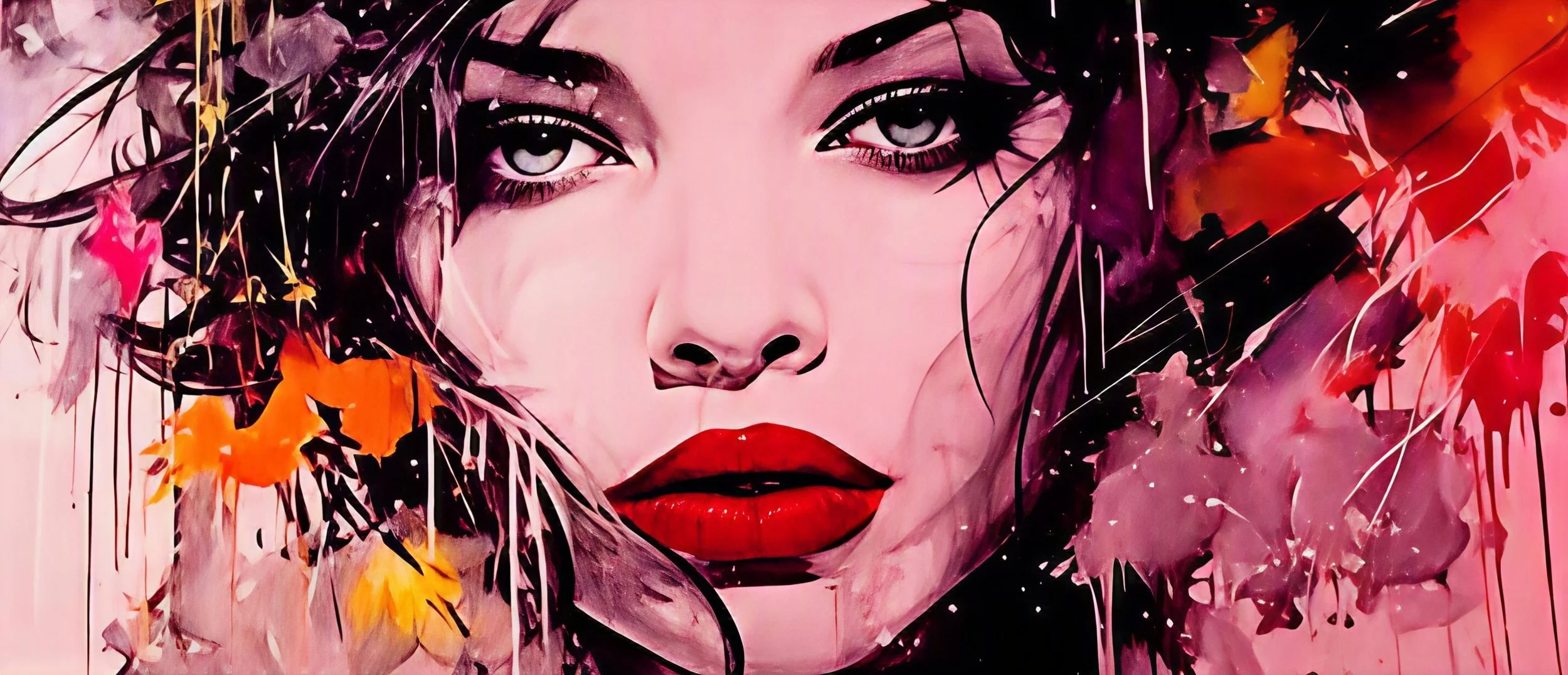 A colorful, stylized portrait of a woman with bright red lips, intense eyes, and expressive face, surrounded by abstract floral and paint splatter elements.