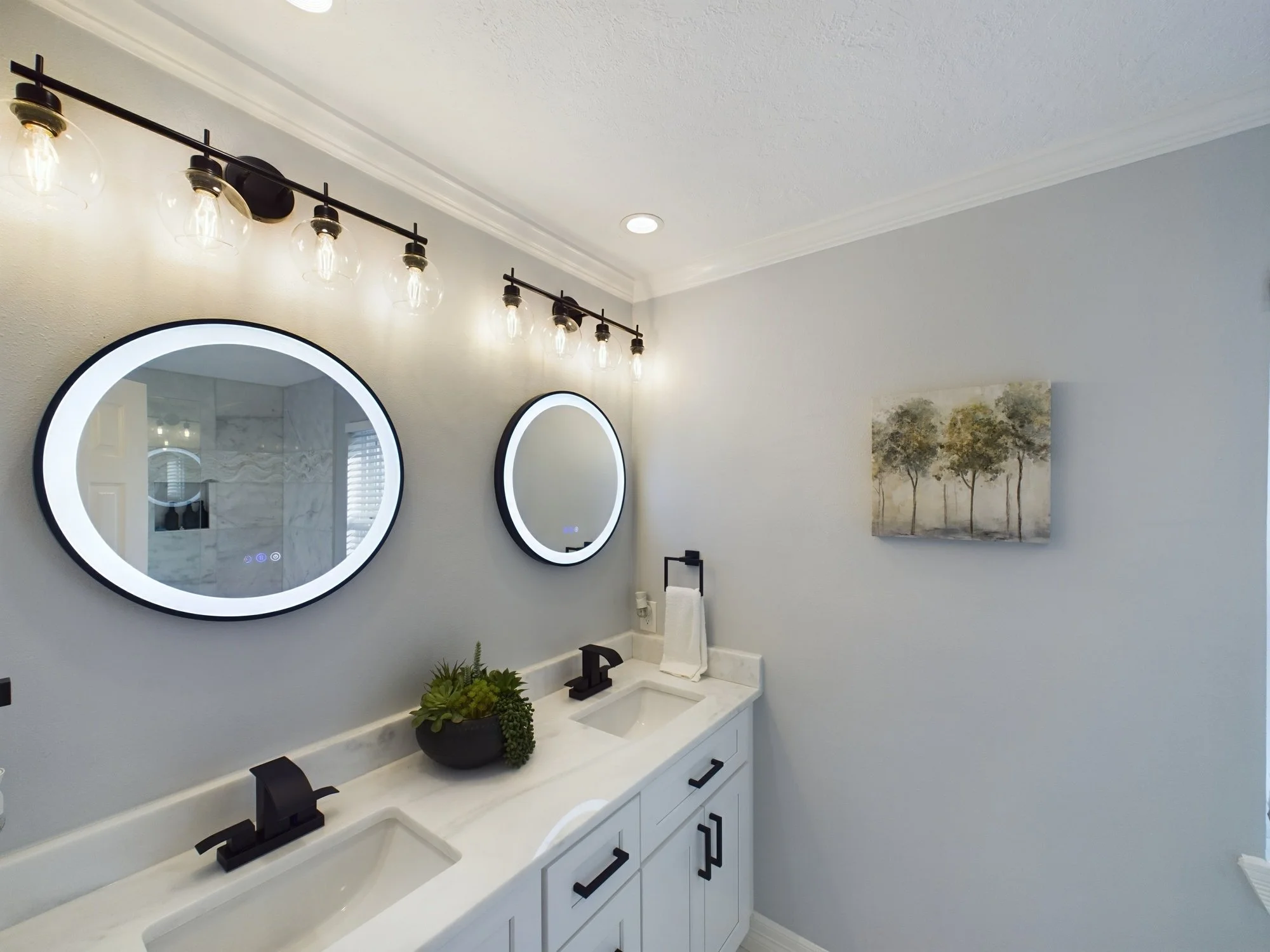 Bathroom with two round illuminated mirrors, black light fixtures, a white vanity with black hardware, a black faucet, a black container with green plants, and a painting of trees on the wall.