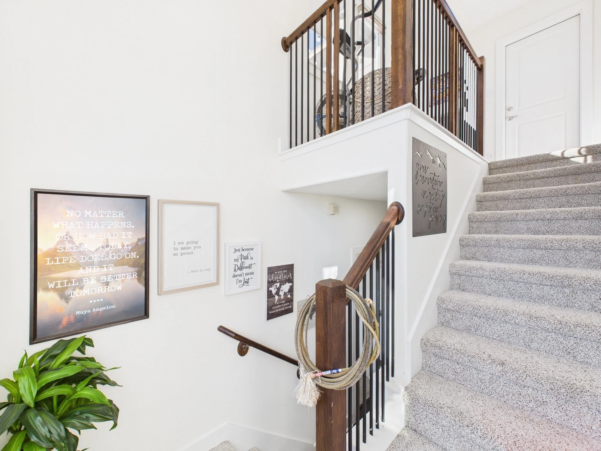 Indoor staircase with a carpeted surface, wooden handrail, and black metal balusters. White walls decorated with framed motivational quotes and artwork. Potted plant visible at the bottom left of the image. A coiled rope hangs on the railing.