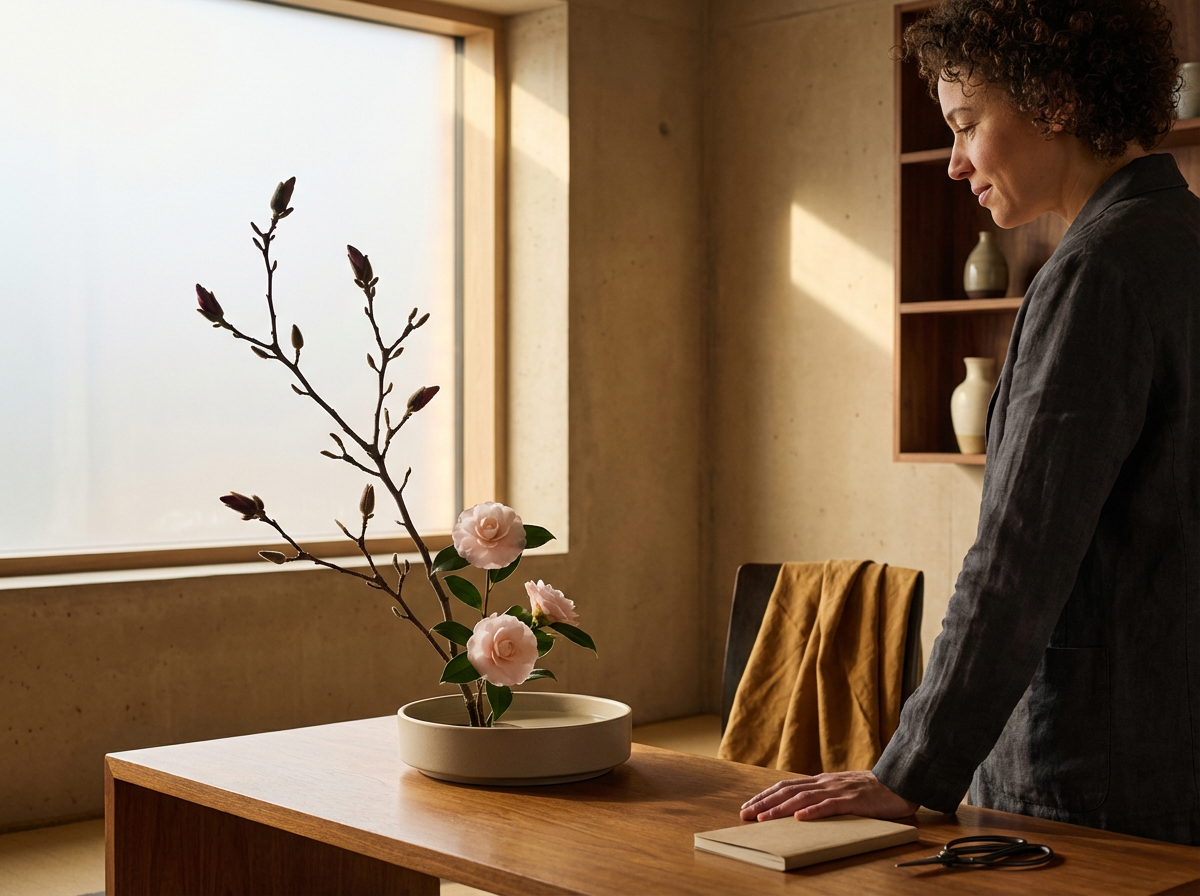A woman standing next to a wooden table with a flower arrangement in a ceramic bowl, notebook, and scissors on it, in a room with a large window and shelves with pottery.
