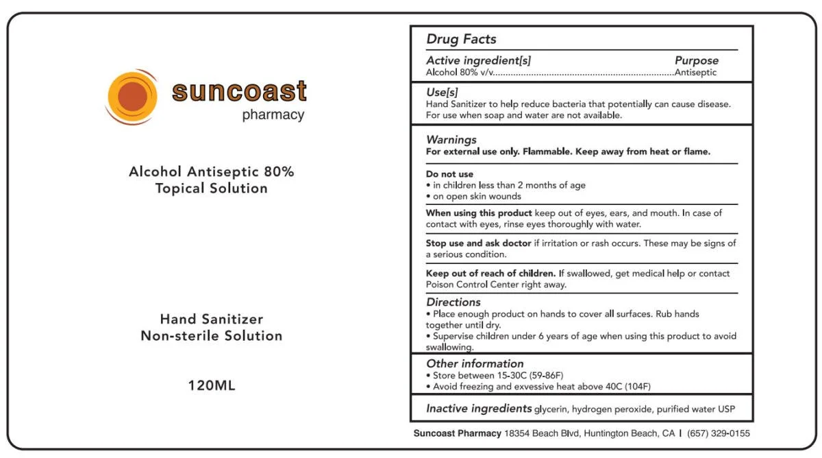 Custom pharmaceutical label for Suncoast Pharmacy topical antiseptic with drug facts and directions.