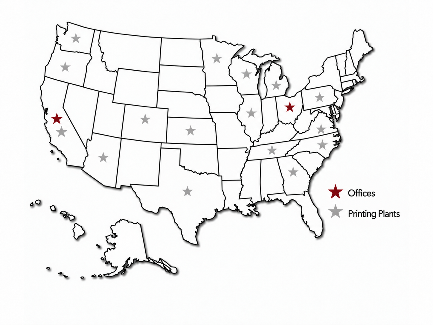 A map showing location of Choice Label Offices & Printing Plants