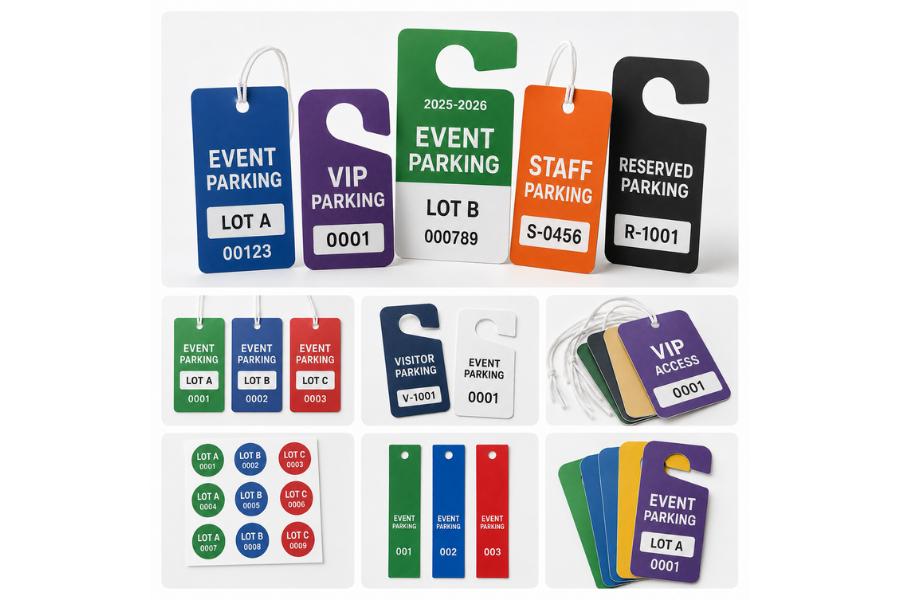 Custom event parking tags for VIP, staff, visitor, reserved, and general parking access.