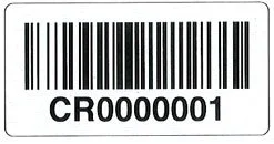Sequential barcode label with alphanumeric code CR0000001 for tracking and identification.