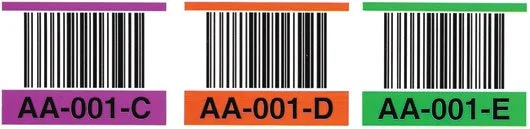 Color-coded sequential barcode labels with variable alphanumeric identification codes.