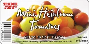 Custom food product label for Mini Heirloom Tomatoes with product branding and weight information.