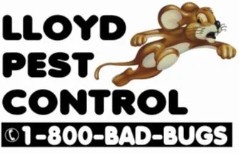 Custom printed Lloyd Pest Control label featuring a cartoon mouse and business phone number.