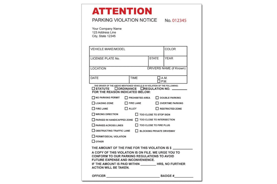 Custom parking violation notice with vehicle, violation, and officer information fields.