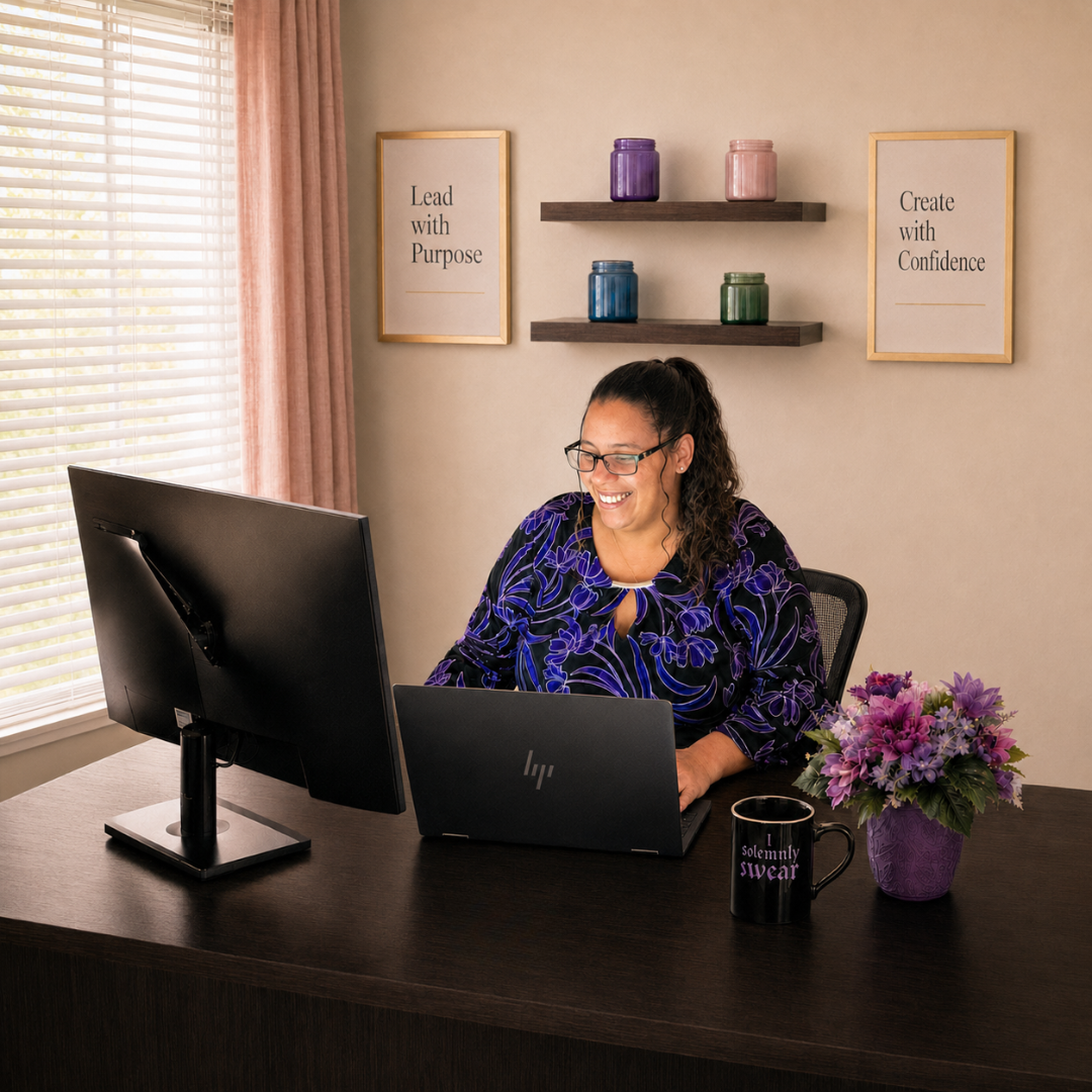 Choice Label Fractional CFO and COO , Erica Marie, working at her desk.