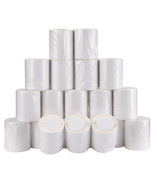 Blank stock label rolls in assorted sizes for thermal and in-house printing.