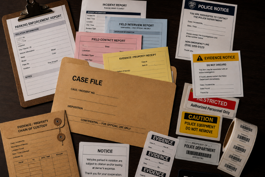 Custom police reports, incident forms, evidence labels, tags, and property receipts.