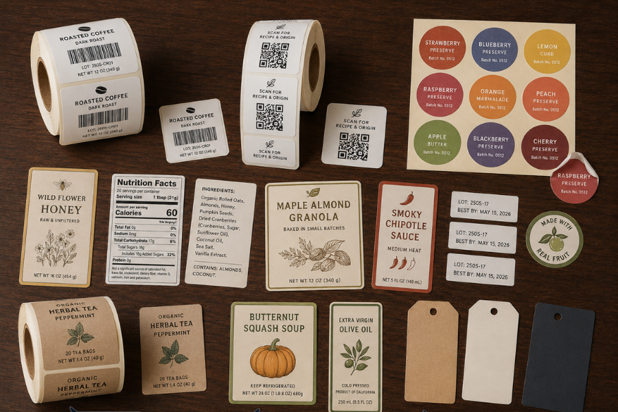 Custom food and beverage labels for coffee, honey, granola, sauces, preserves, and other packaged products.