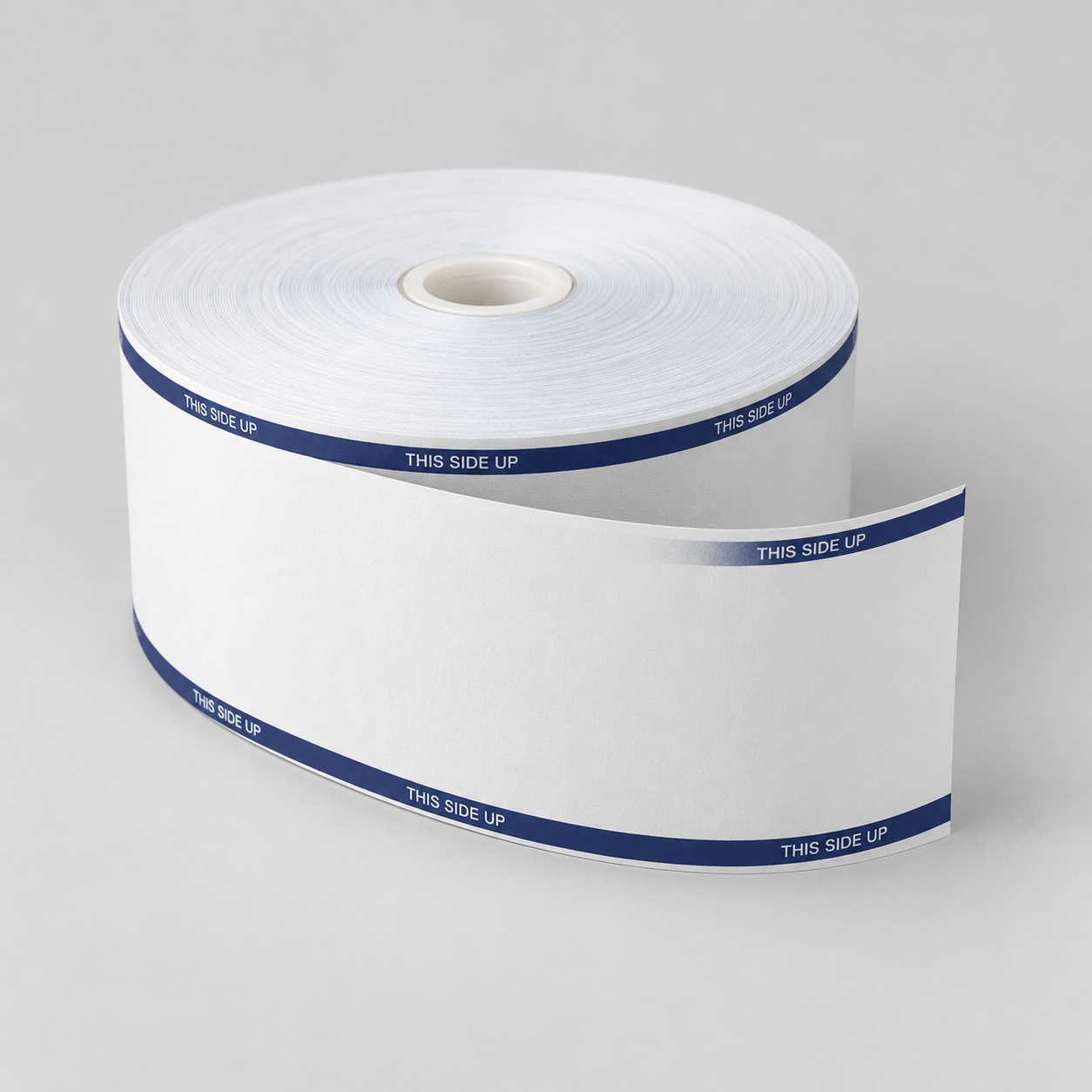 Blue-striped Ventek pay station paper roll for parking payment kiosks.