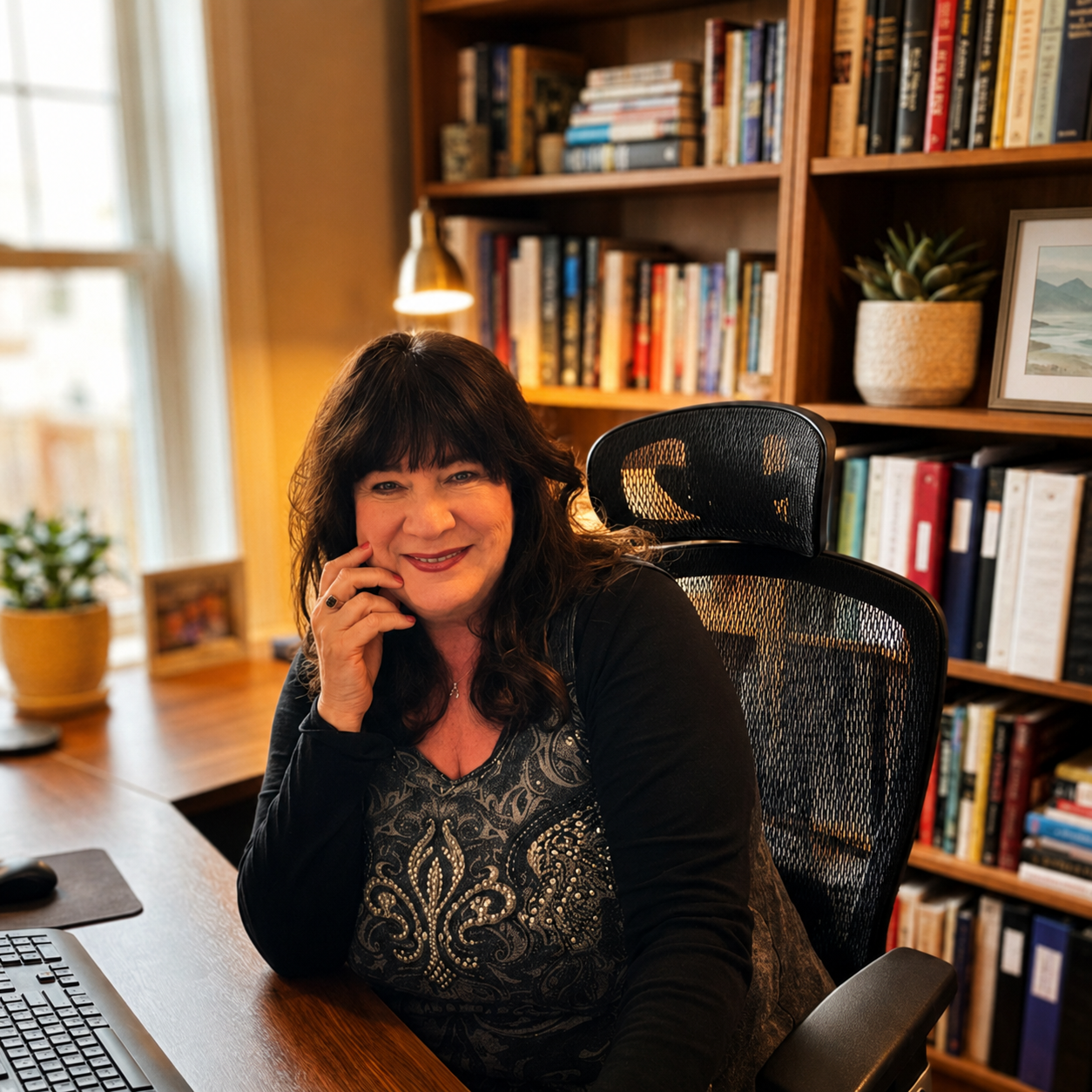 Choice Label president, Nikki Rose, seated at her desk in her office.