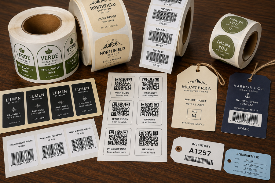 Various product labels, tags, and QR code cards spread on a wooden surface, including coffee labels, thank you stickers, clothing tags, and small inventory and equipment tags.