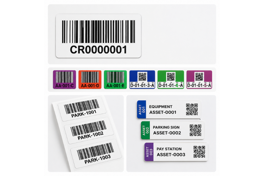 Sequential barcode labels, QR code labels, asset tags, and parking identification labels