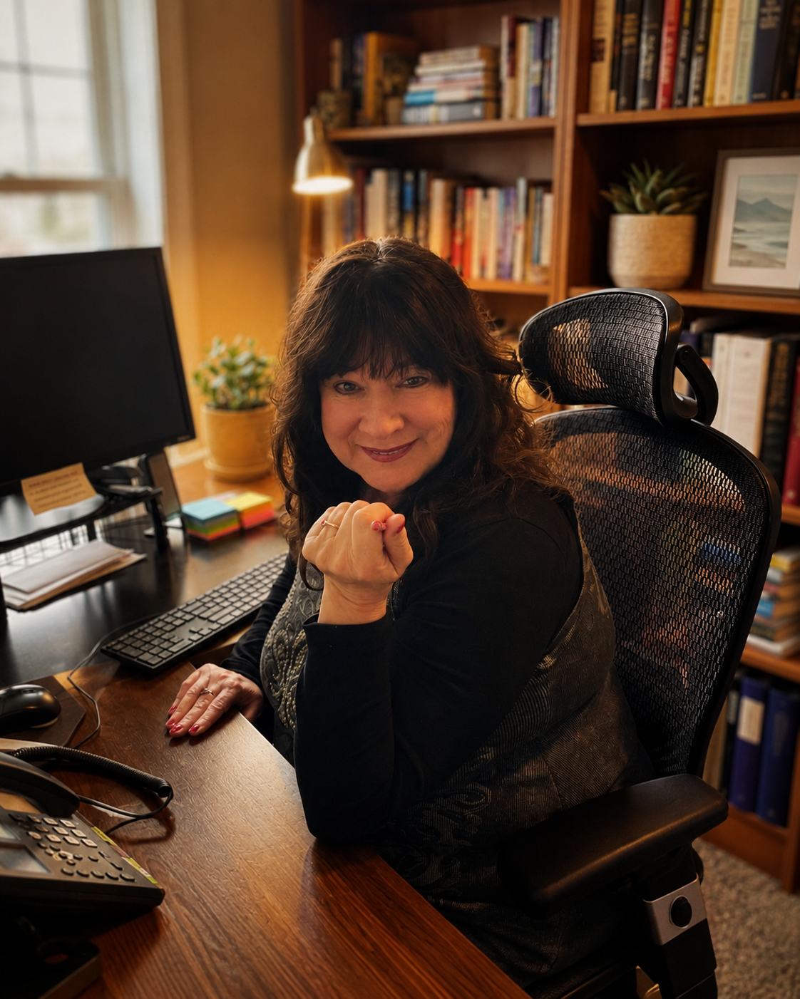 Choice Label President, Nikki Rose, seated in her office in a playful way.