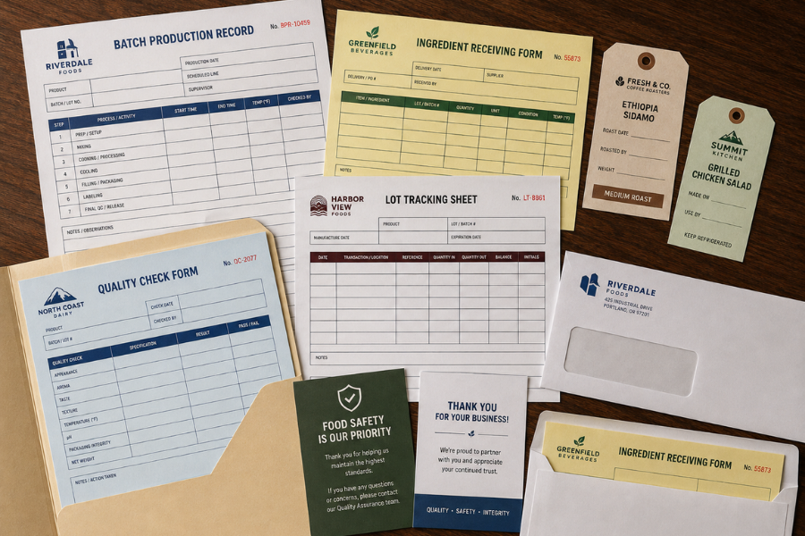 Collection of various food and beverage related forms and labels, including batch production record, ingredient receiving form, quality check form, lot tracking sheet, coffee label, and a thank you card for business appreciation.