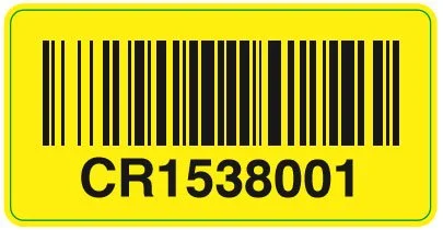 Yellow sequential barcode label with code CR1538001 for inventory and asset tracking.