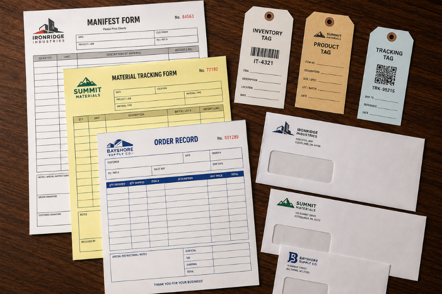 A collection of inventory and shipping labels, including a manifest form, material tracking form, order record, inventory tag, product tag, tracking tag, and envelopes from Ironridge Industries, Summit Materials, and Bayshore Supply, laid out on a wooden surface.