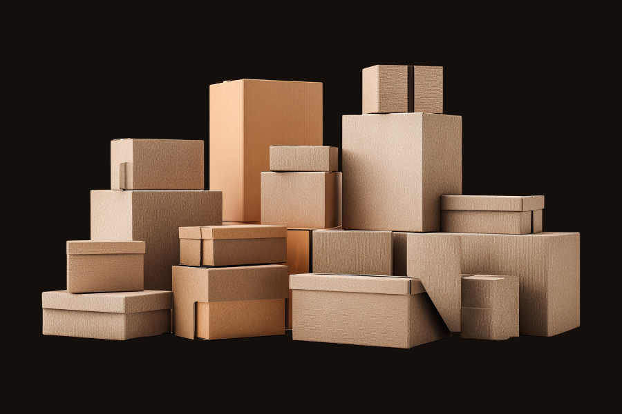 Various cardboard boxes stacked against a black background.