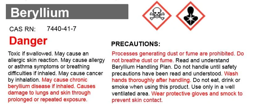 Custom industrial beryllium hazard label with safety warnings, precautions, and hazard symbols.