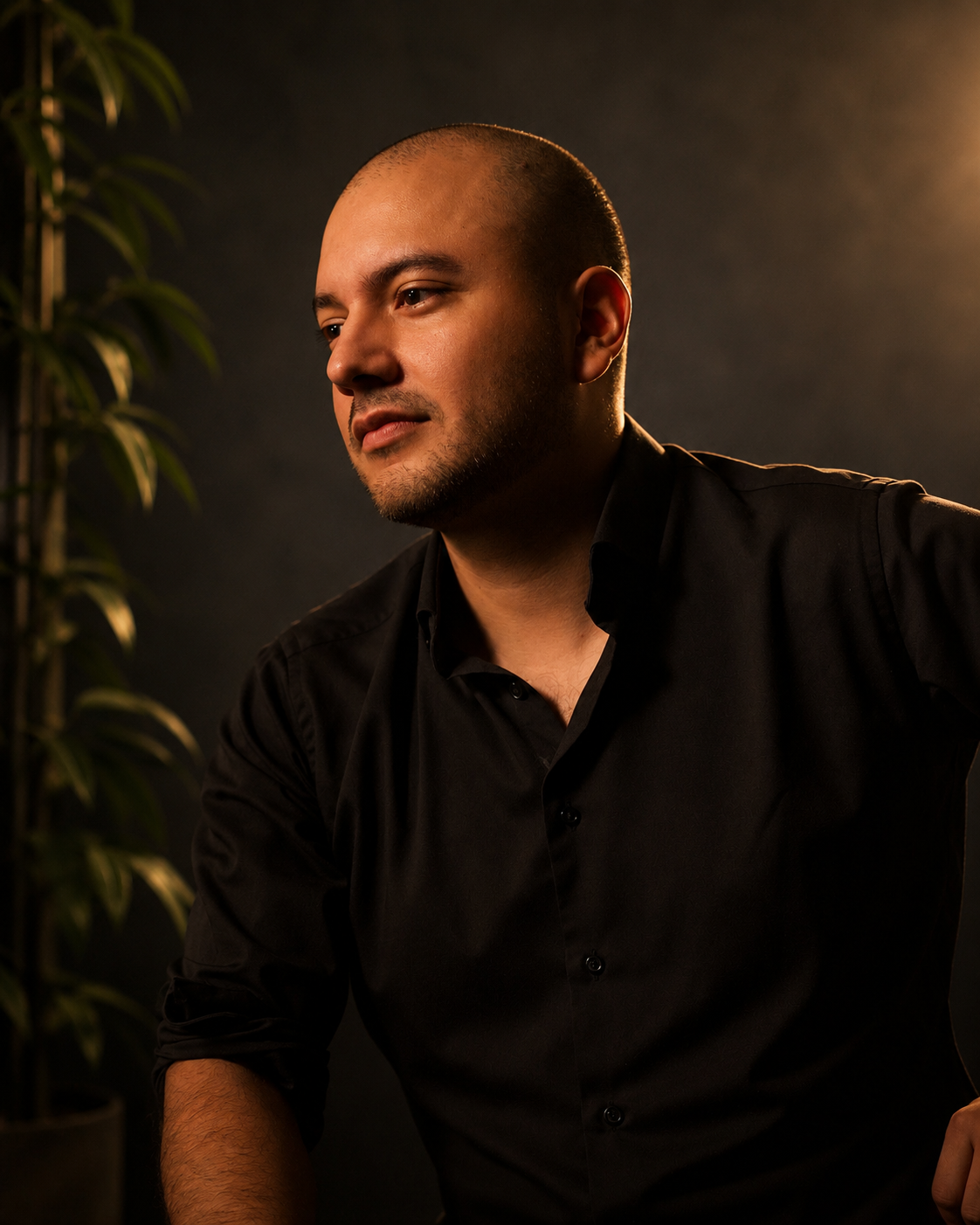 Hombre de cabello rapado, con barba, vestido con camisa negra, mirando hacia la izquierda, en un fondo oscuro con luz suave y una planta a la izquierda.