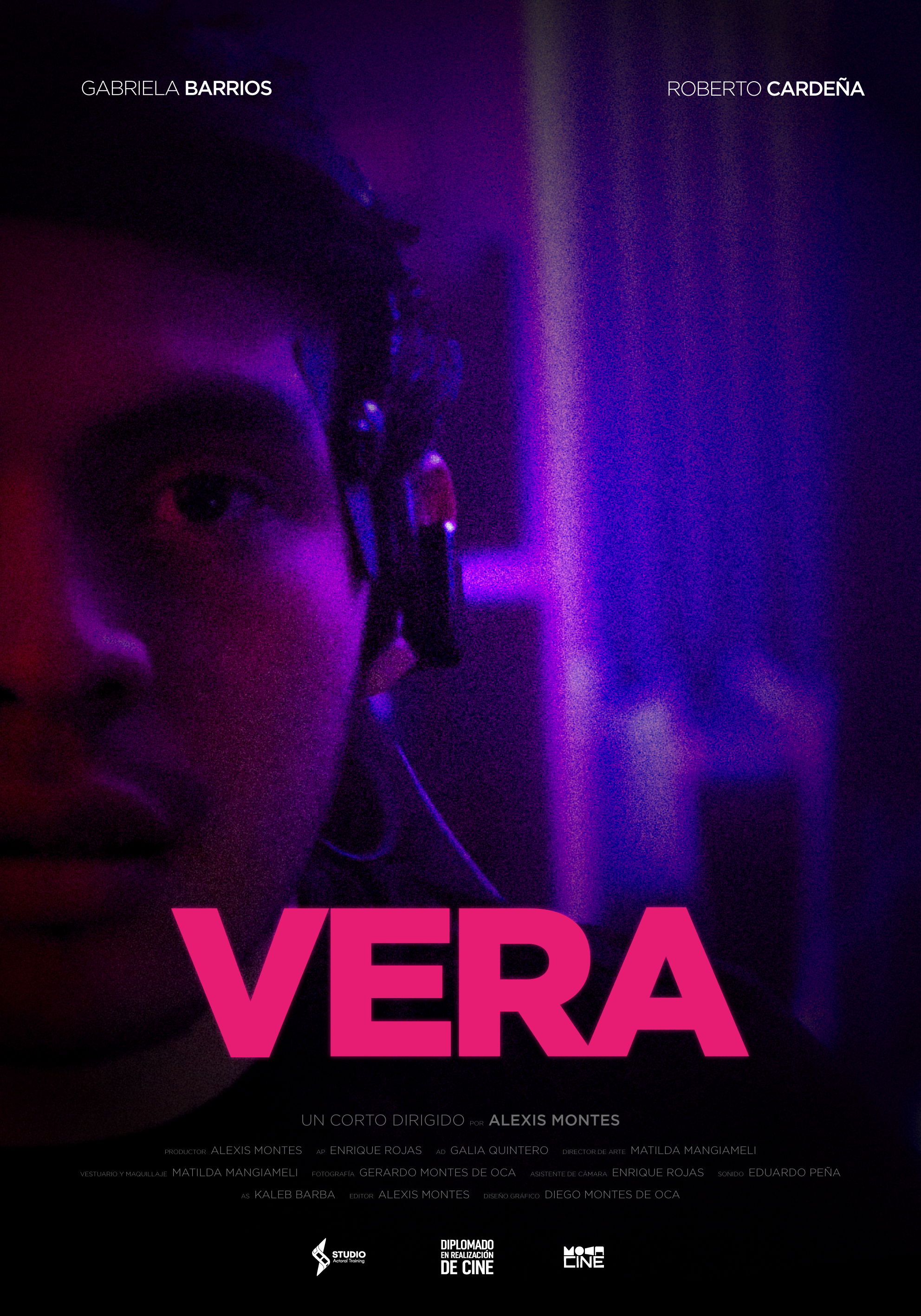 Cartel de una película titulada 'Vera' en colores púrpura y rosa, con una imagen en background de una niña con expresión pensativa, música y personajes en sombras.