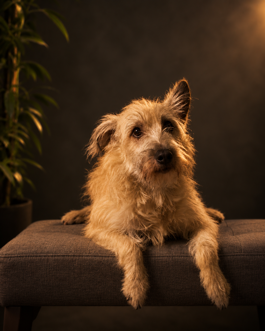 Perro peludo de color beige con una oreja erguida sentado sobre un asiento oscuro, fondo oscuro con luz cálida a la derecha y planta en la esquina izquierda.