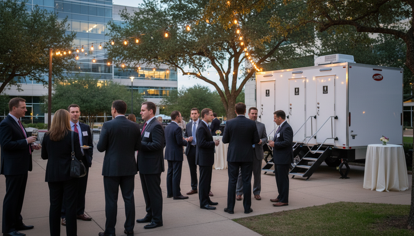 Business professionals at an outdoor evening networking event with string lights, near a white mobile food or event trailer, with a modern office building in the background.