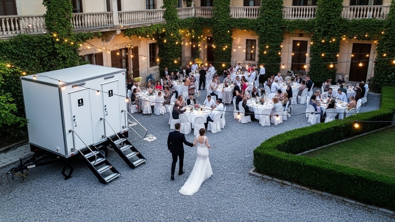 Wedding reception in an outdoor courtyard with round tables covered in white tablecloths and decorated with flowers. Guests are seated at the tables, and a bride and groom are walking hand in hand toward the reception area. String lights are hanging 