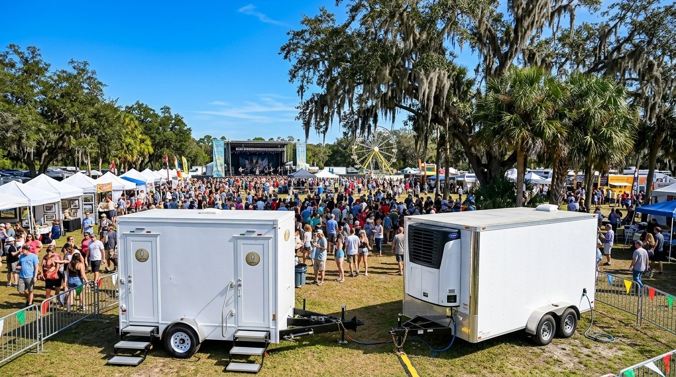Large crowd attending outdoor music festival with food and drink vendors, stage, Ferris wheel, and trees with hanging moss.