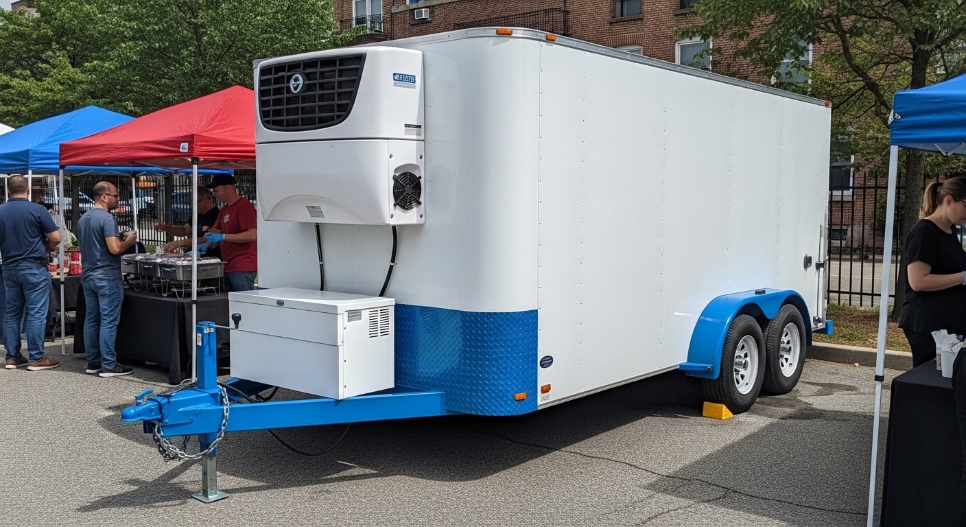 A white refrigerated trailer parked in front of a small restaurant with informational signs on the window and a chalkboard.