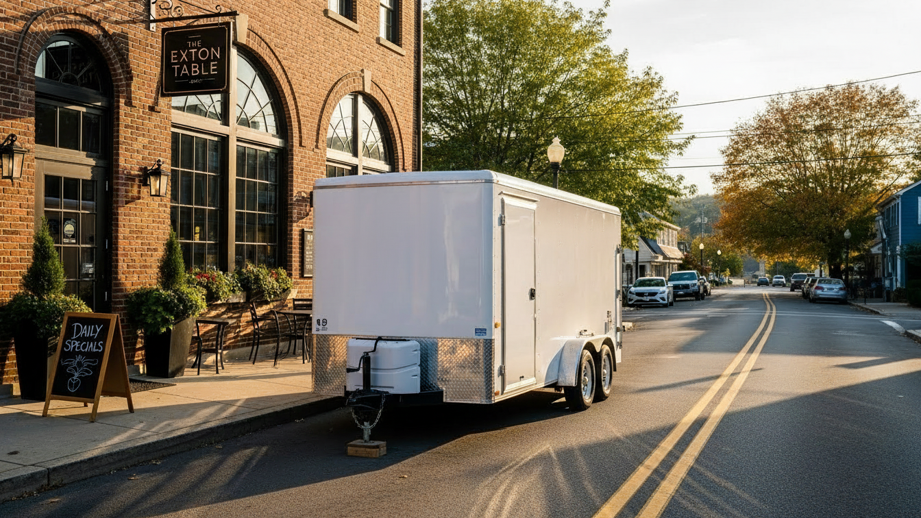 A white refrigerated trailer parked on the side of a street in front of a brick building with large arched windows." There are small potted plants and outdoor seating in front of the building, and trees with autumn-colored leaves line the street.