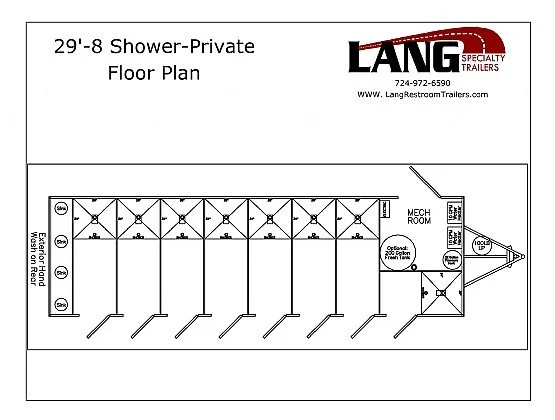 Floor plan for a 29-foot by 8-foot shower with private bathroom area and mechanical room, including parking spaces and access points.