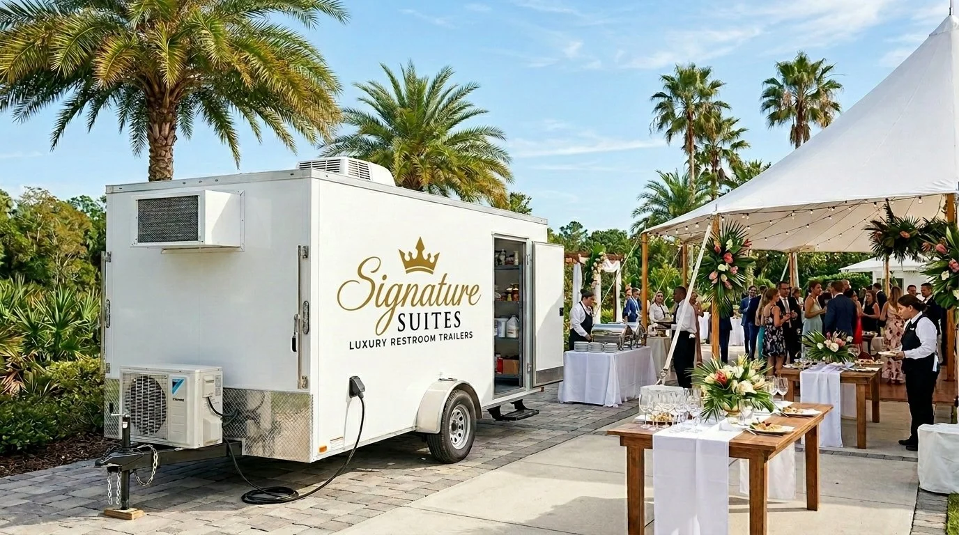 A white refrigerated trailer parked in front of a small restaurant with informational signs on the window and a chalkboard.
