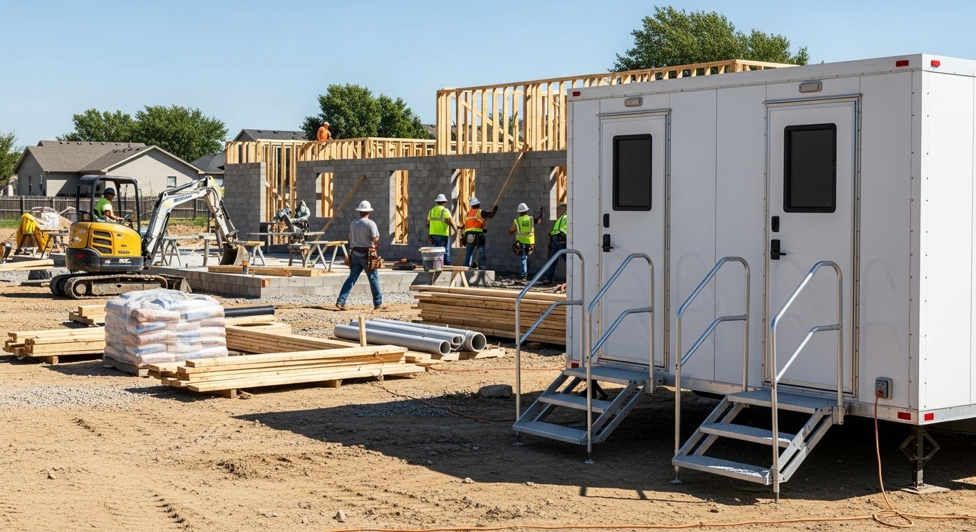 Construction site with workers building a house, piles of wood, pipes, and a portable office