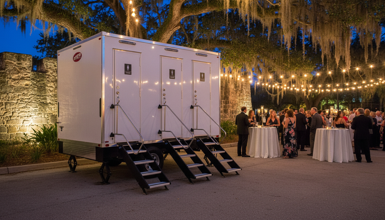 An outdoor event at night with string lights, people gathered around high tables, and a large white portable restroom trailer with three doors.