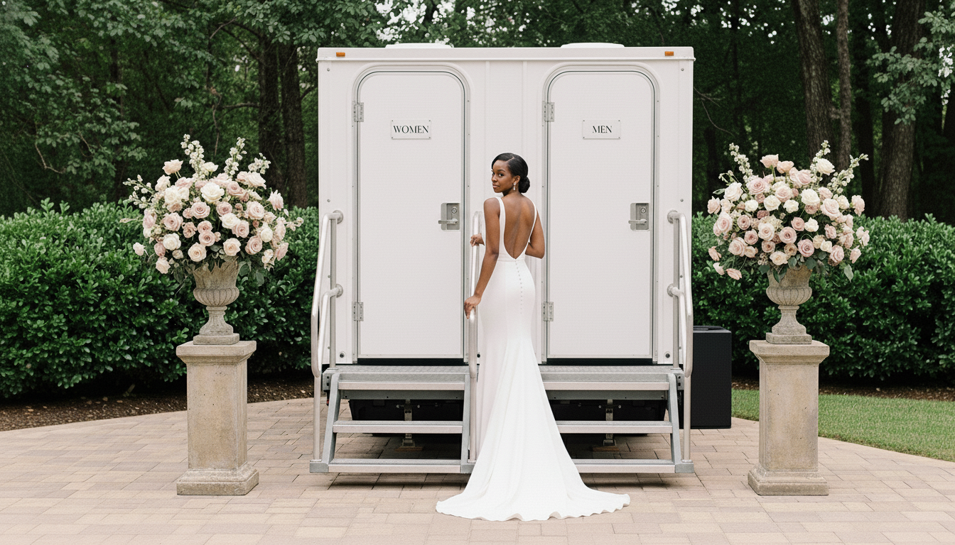 A woman in a white wedding dress standing in front of a portable restroom, with two large floral arrangements on stone pedestals on either side of the restroom, set outdoors with trees in the background.