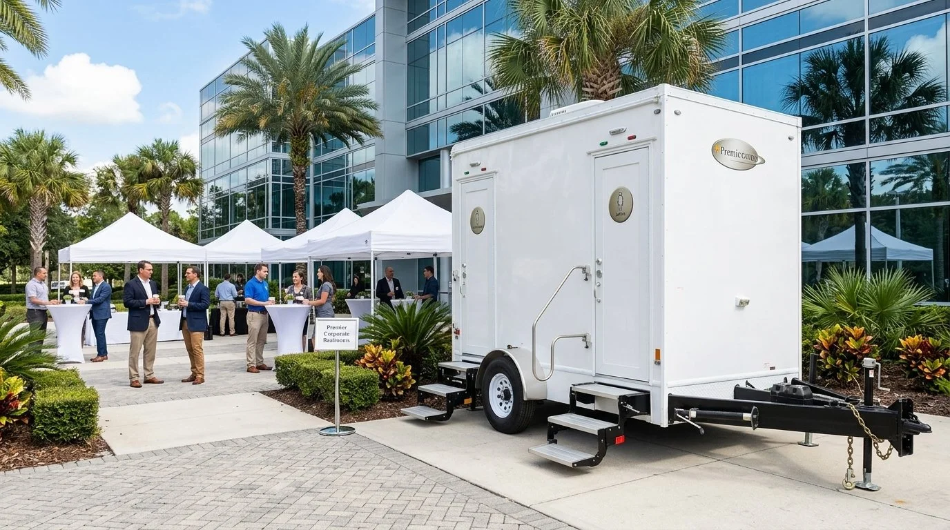 Business professionals socializing around outdoor white tents, with a large white trailer in the foreground and a modern glass building in the background.