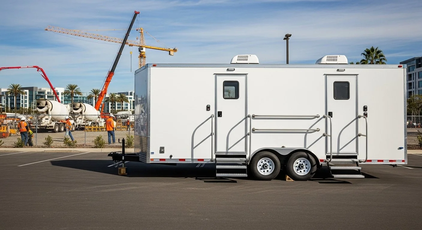 White mobile office trailer parked in a lot, with stairs leading to the door, and industrial construction site in the background.