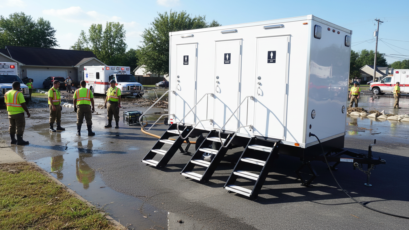 A mobile restroom trailer on a street with people and emergency vehicles in the background.