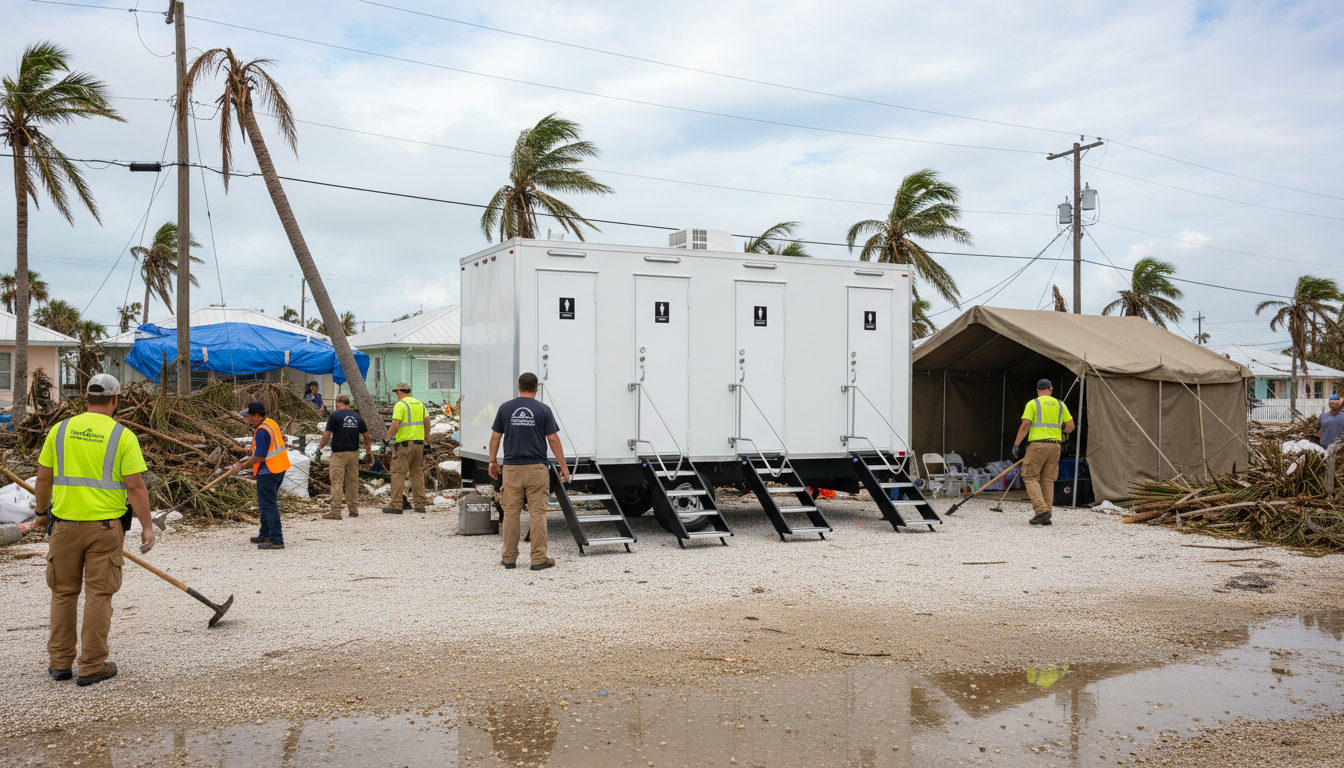 Emergency response team set up at a disaster scene with fallen trees, debris, and tents, under a cloudy sky with palm trees in the background.