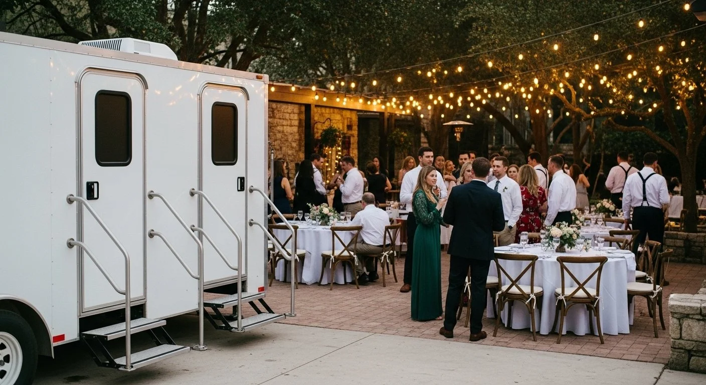People socializing at an outdoor evening event under string lights, with tables decorated with flowers, a food truck on the left, and trees in the background.