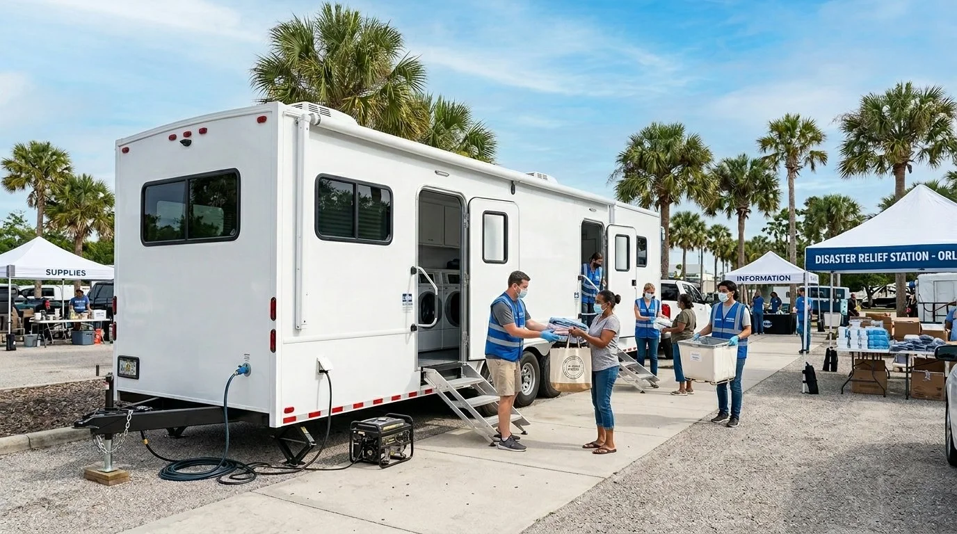 People wearing masks and blue vests handing out supplies at a disaster relief station set up with tents, pallets, and tables in a park with palm trees.
